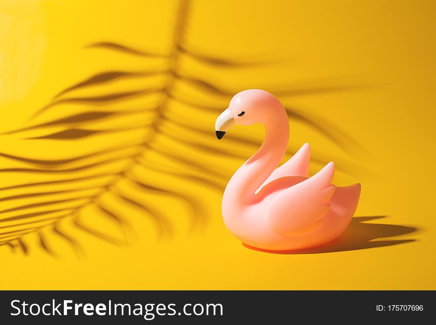 Summer vacation concept with toy flamingo on yellow background, creative pastel, copy space