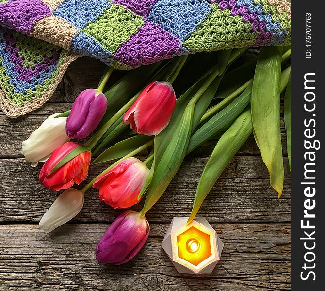 Multi-colored tulips on a dark wooden substrate. Greeting card for Mother`s Day, March 8, birthday. Notebook with blank pages, place for signature. Gardener`s diary in the spring.