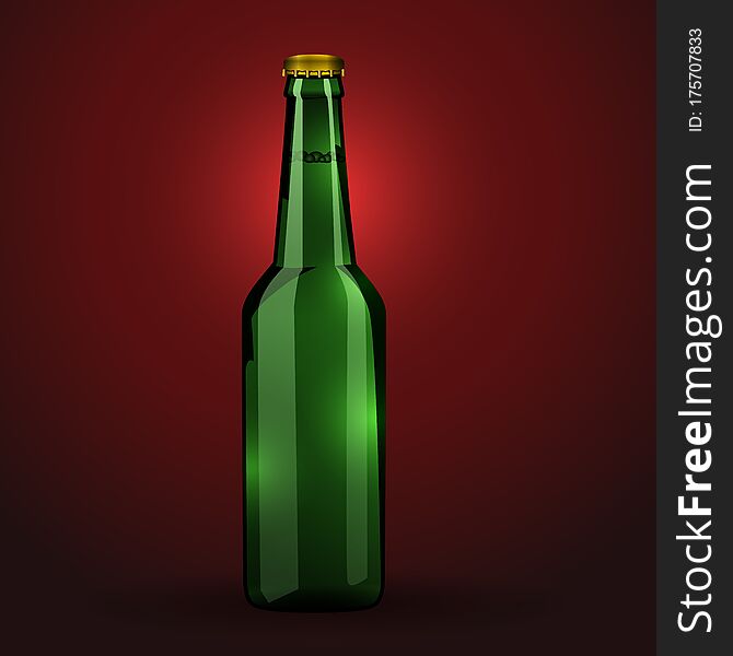 Green beer bottle On Red Background Isolated.. Vector Illustration.