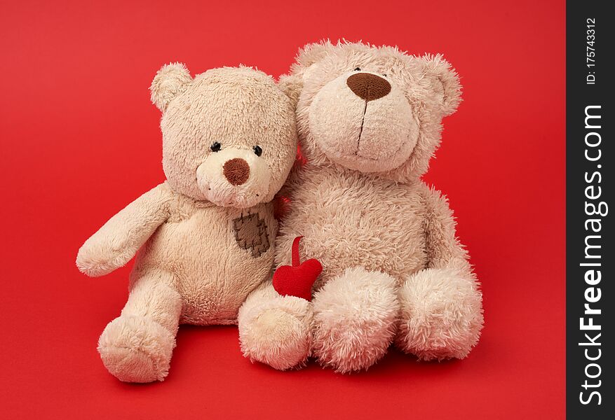 Two teddy beige bears sitting huddled together, toys on red background, friendship and love concept