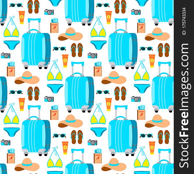 Travel seamless pattern isolated on white backgroun. Flat design cartoon style suitcase with women things vector endless print. Summer vacation background with traveling accessories.