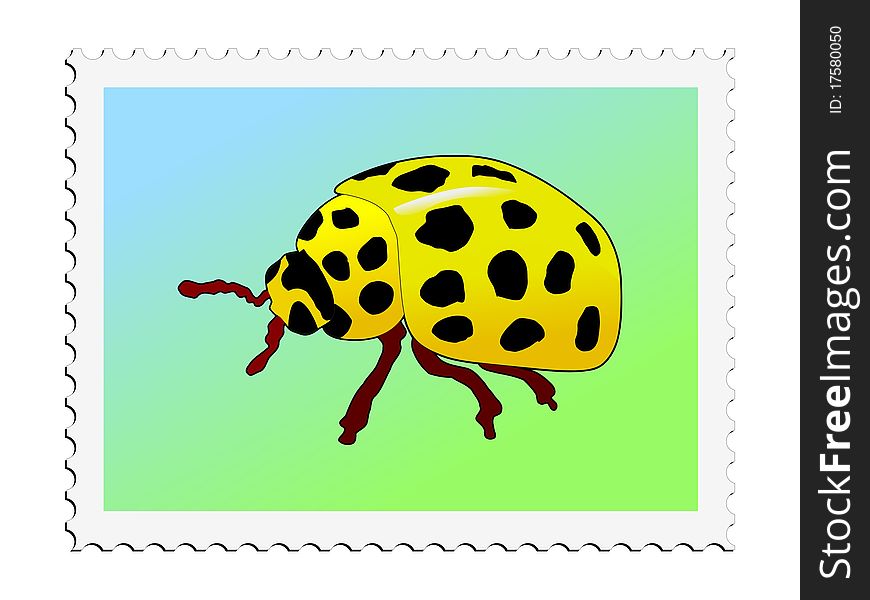 Colored stamp of insect. Yellow ladybird