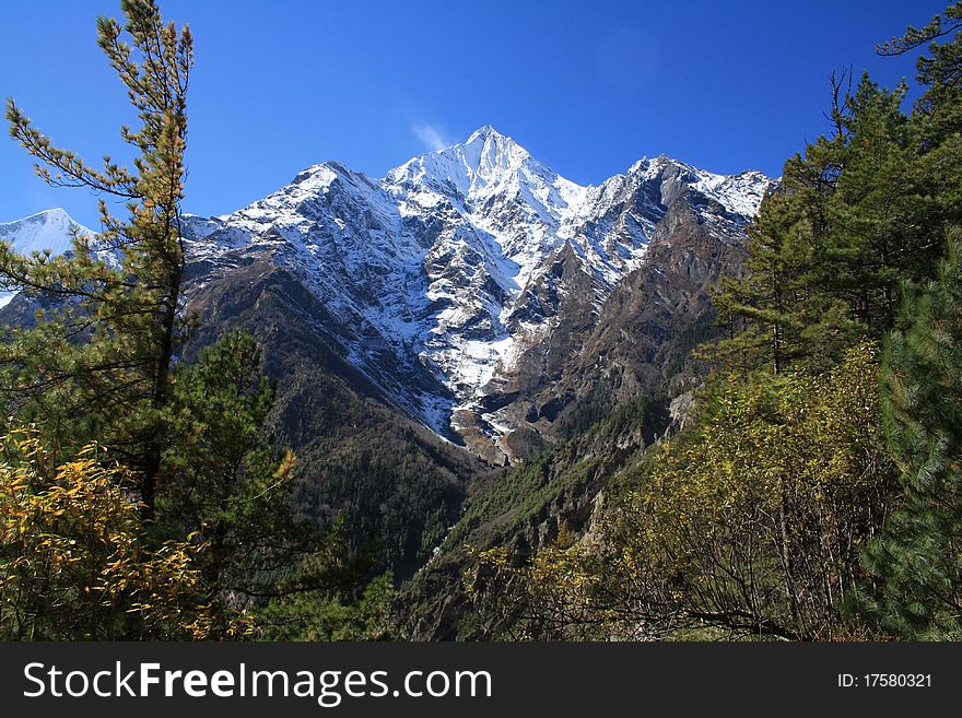 Annapurna II seen through the forest