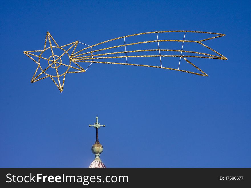 A comet above the top of a church in Szeged. A comet above the top of a church in Szeged
