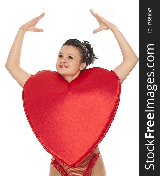 Young woman in Heart suit over white. Young woman in Heart suit over white