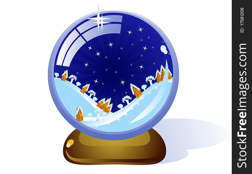 Toy Glass Christmas ball. Inside it a night winter landscape. Hills and houses. Vector. Toy Glass Christmas ball. Inside it a night winter landscape. Hills and houses. Vector.