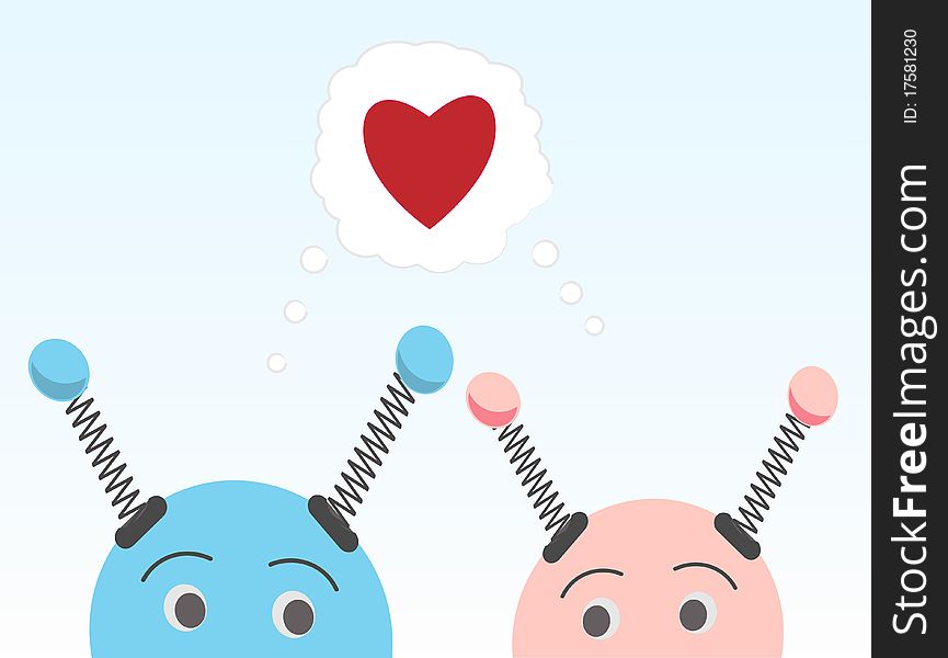 Blue and pink robots looking at each other thinking of love. Blue and pink robots looking at each other thinking of love