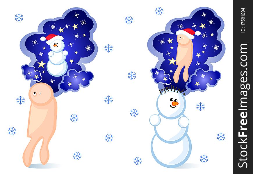 Christmas comics scene. Man dreams of a snowman. Snowman dreams of man. Christmas comics scene. Man dreams of a snowman. Snowman dreams of man.