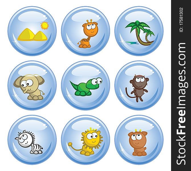 A set of buttons. Images comic African animals. Isolated. A set of buttons. Images comic African animals. Isolated.