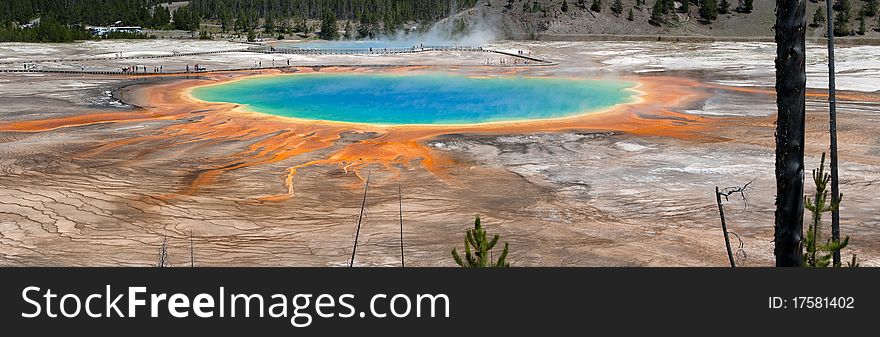 Panoramic photograph of the huge Grand Prismatic hot spring in Yellowstone. Panoramic photograph of the huge Grand Prismatic hot spring in Yellowstone.