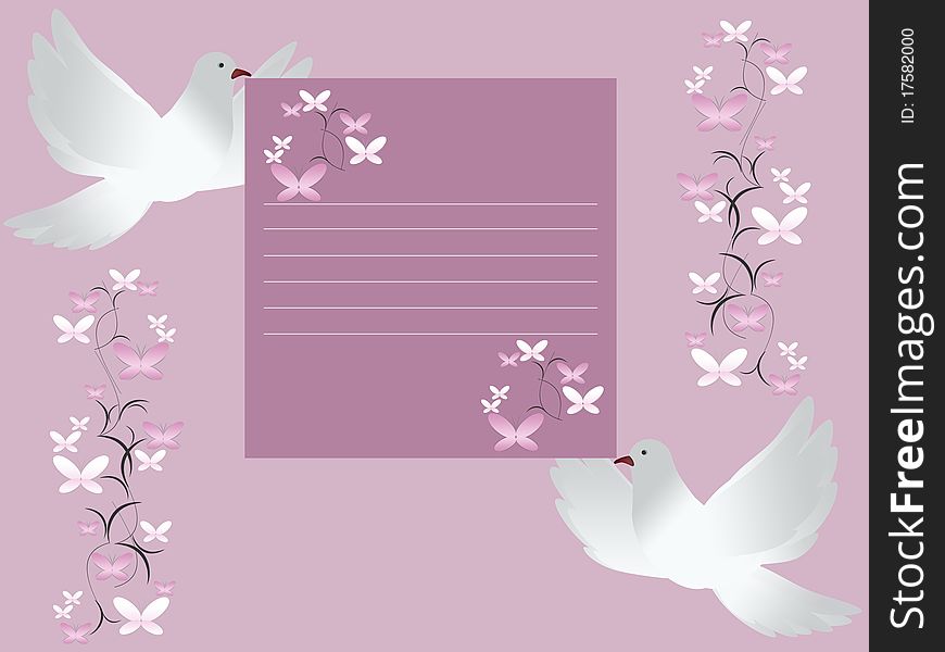 Wedding card invitation with two white doves