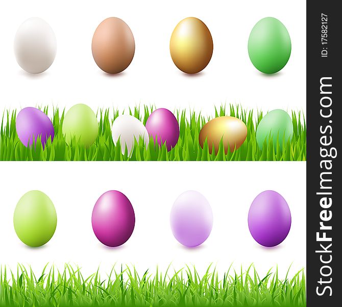 8 Easter-Eggs, Eggs In Grass And Grass Panorama, Isolated On White Background, Vector Illustration. 8 Easter-Eggs, Eggs In Grass And Grass Panorama, Isolated On White Background, Vector Illustration