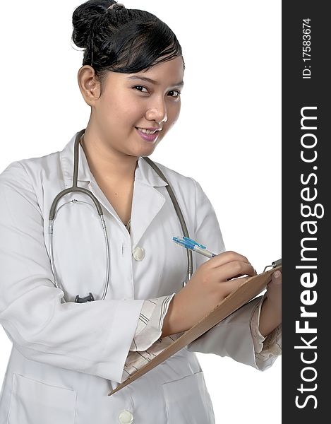 Beautiful young doctor wearing white coat isolated over white background. Beautiful young doctor wearing white coat isolated over white background