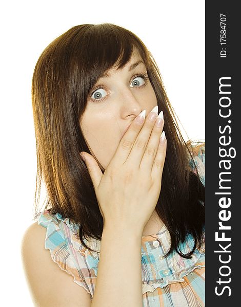 Closeup of young attractive woman scared. Isolated on a white background. Closeup of young attractive woman scared. Isolated on a white background