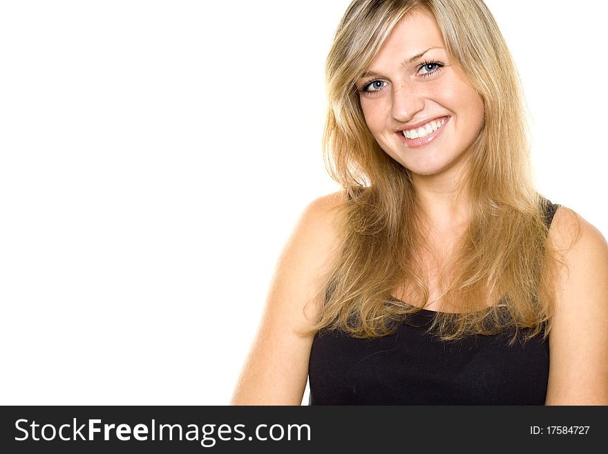 Happy young woman smiling headshot with friendly look. Isolated on white background. Happy young woman smiling headshot with friendly look. Isolated on white background