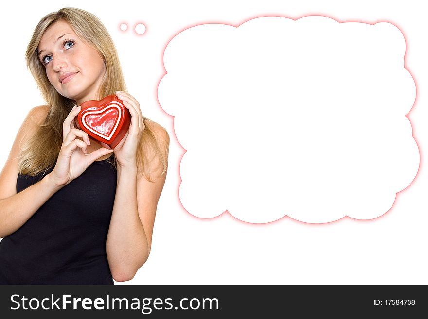 Smiling Young Woman Holding a red Heart. Lots of copyspace and room for text on this isolate. Smiling Young Woman Holding a red Heart. Lots of copyspace and room for text on this isolate