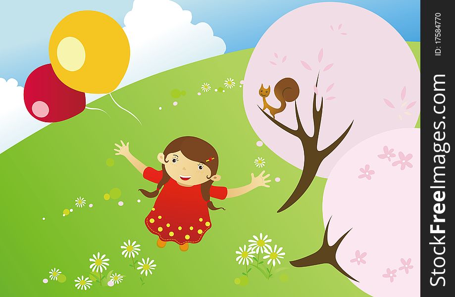 Girl in a blooming meadow looking up the flying balloon