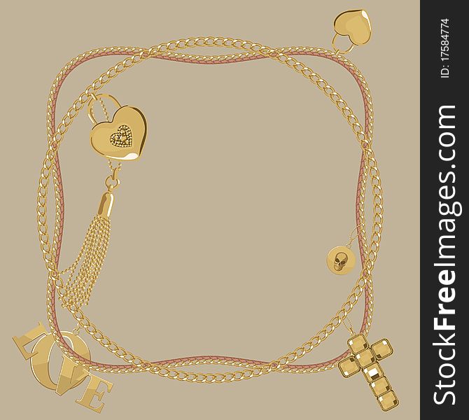 Vector illustration of vintage necklace with love accessories - jewellery. Vector illustration of vintage necklace with love accessories - jewellery