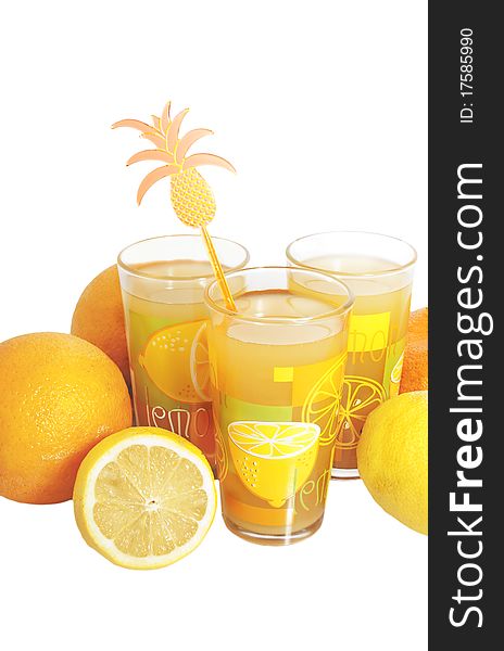 Three glasses with citrus juice and exotic fruits