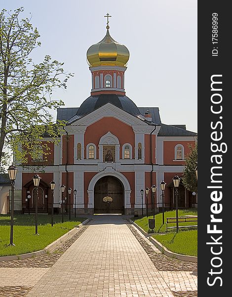 View of church and entrance to Iversky Monastery, Russia.