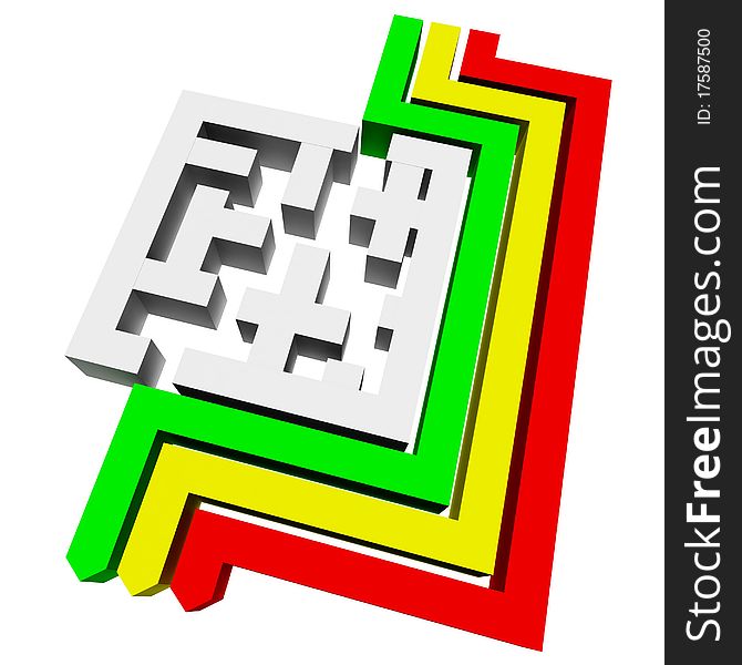 Maze square of white planes around which the bypass three colored arrows. 3d computer modeling