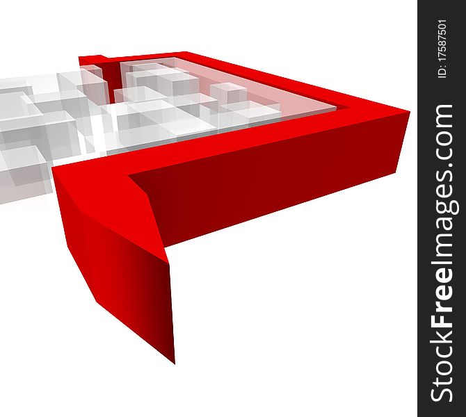 Maze square of white planes around which avoids the red arrow. 3d computer modeling