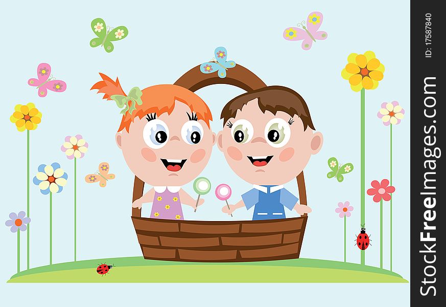 Boy and girl in the basket. Boy and girl in the basket