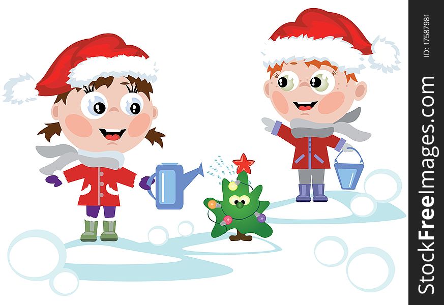 Children watering little fir tree isolated. Children watering little fir tree isolated