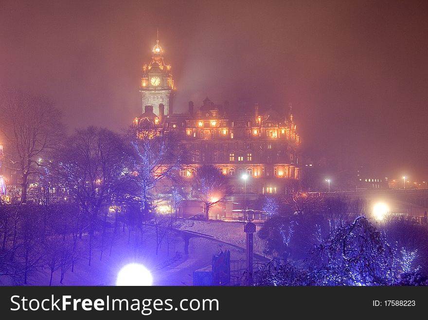 Balmoral hotel in snow and mist at night. edinburgh