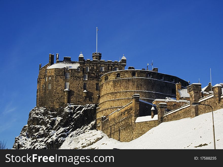 View of snowy edinburgh castle looking up from grassmarket