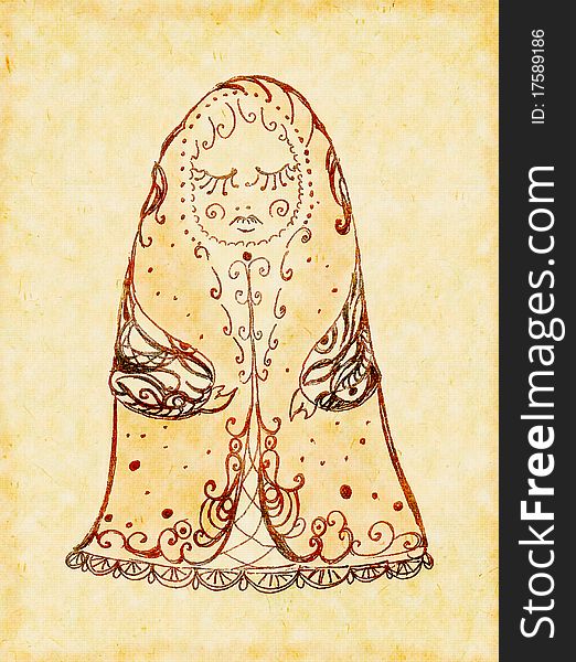 Matryoshka doll with eyes closed, drawing on brown paper