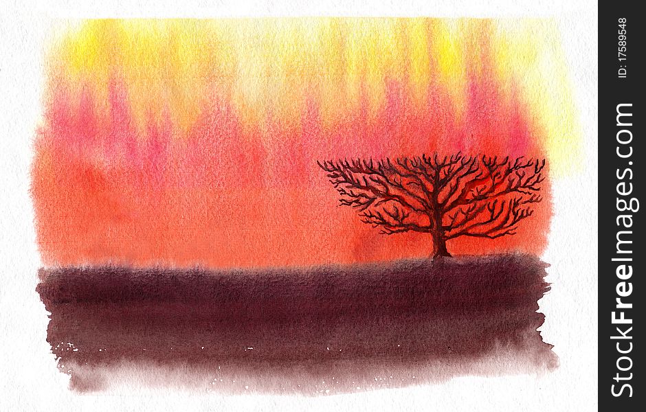 Watercolor landscape with tree on white paper. Watercolor landscape with tree on white paper