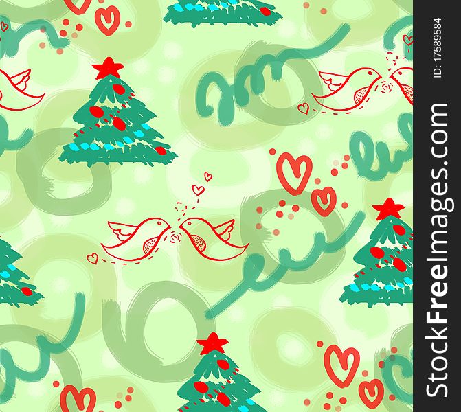 New year's pattern with firs, birds and hearts on the green background