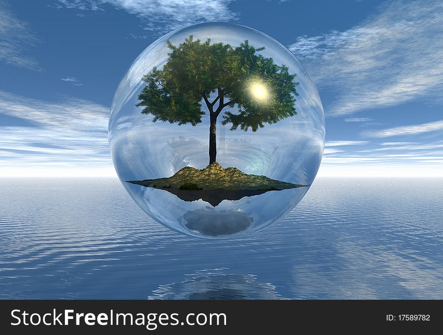 Illustration of transparent sphere with tree and island in their interior. Illustration of transparent sphere with tree and island in their interior