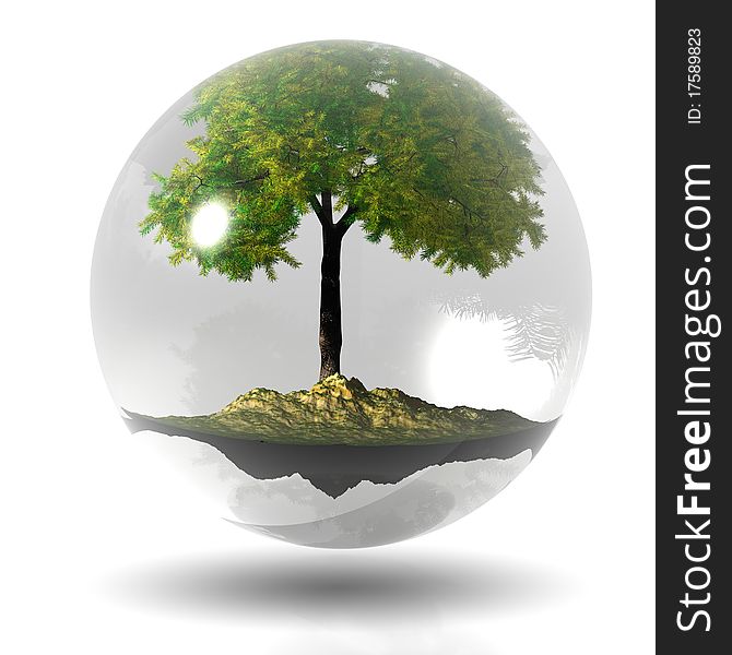 Illustration of transparent sphere with tree and island in their interior. Illustration of transparent sphere with tree and island in their interior
