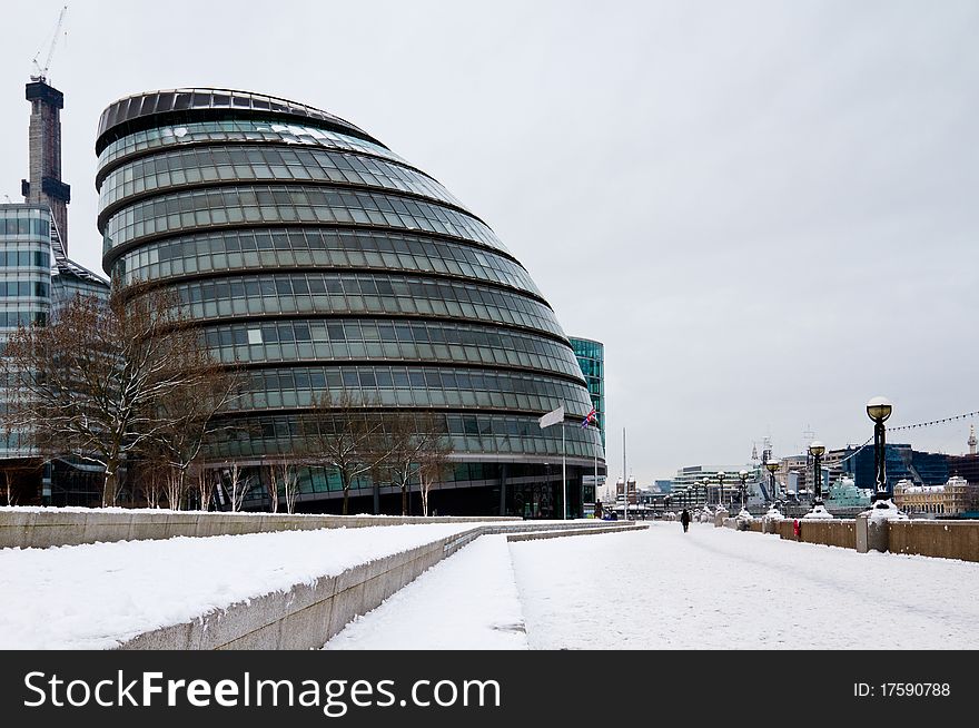 London city hall by thames river in snow. London city hall by thames river in snow