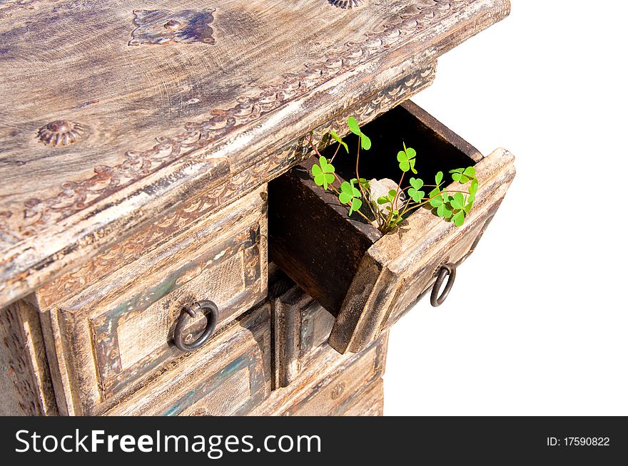 Green leaves on the retro cabinet. Green leaves on the retro cabinet