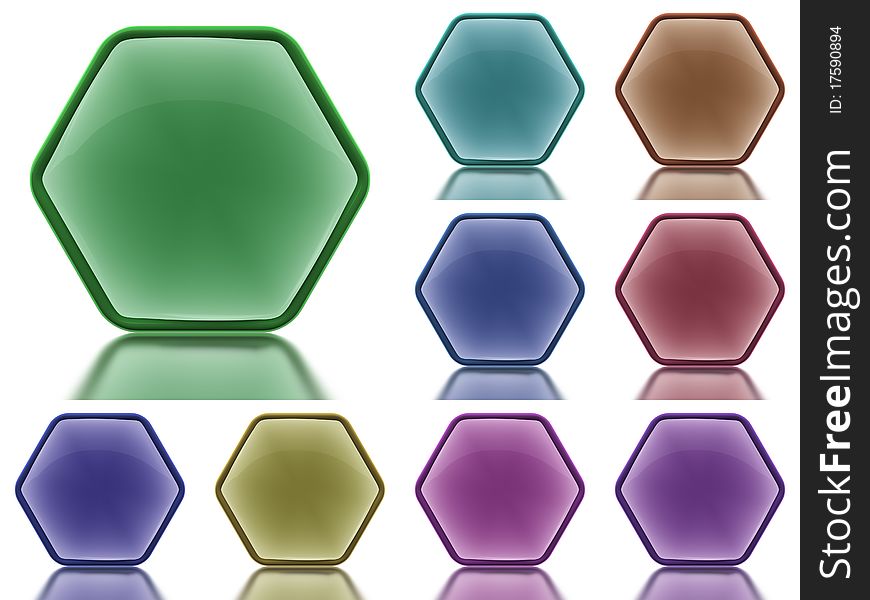 Set of Hex Shaped aqua buttons on a white background with a light reflection. Set of Hex Shaped aqua buttons on a white background with a light reflection