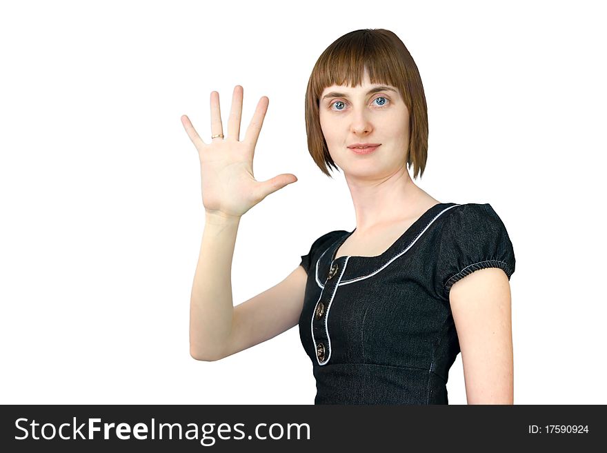 The young girl shows five fingers on a white background. The young girl shows five fingers on a white background