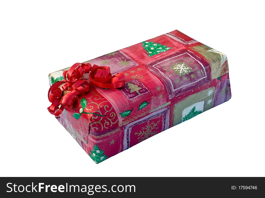 Box with red ribbon bow isolated on white