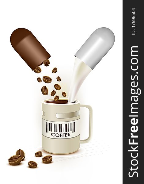 Illustration of coffee capsule with cup on white background