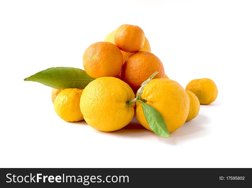 Oranges with green leaves and white background