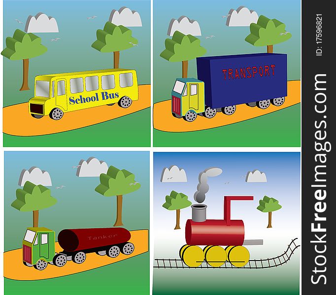 Four childlike illustrations of transport. Four childlike illustrations of transport