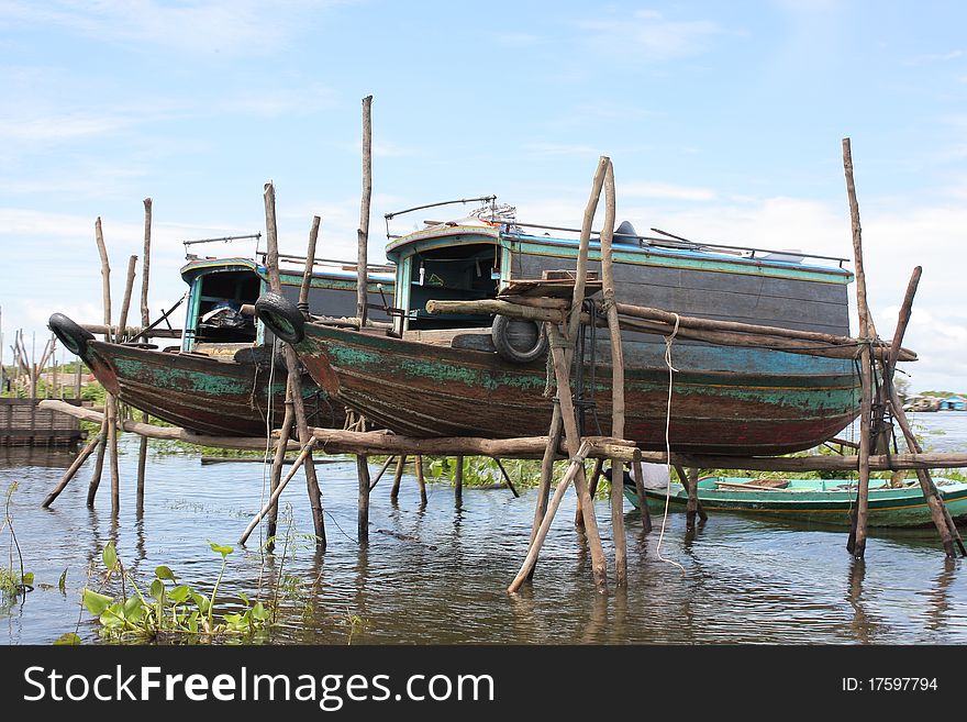 Boats on Tonle lake in Cambodia