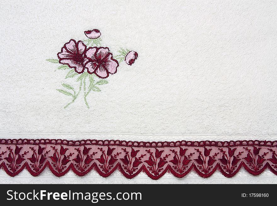 Terry white flower background wiht lace openwork fringe. Terry white flower background wiht lace openwork fringe