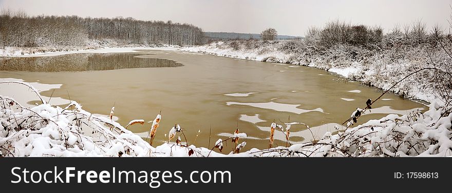 Iced Lake Near Winter Forest