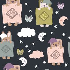 Seamless Pattern Illustration Sleeping Animals, Slippers, Cloud And Stars Royalty Free Stock Photo