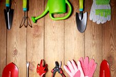 Gardening Tools, Seeds And Soil On Wooden Table , Outdoor Gardening Tools And Plants Stock Photo