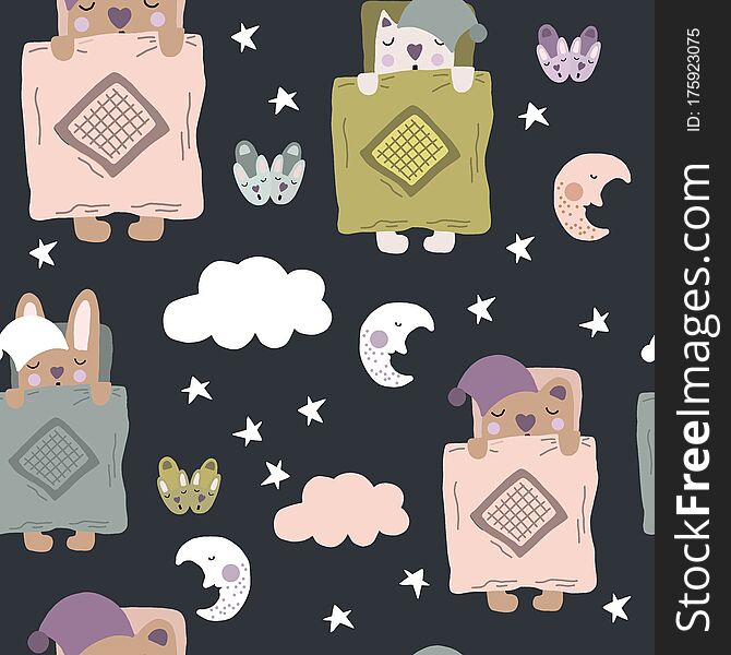 Hand drawn  cute cartoon pastel color seamless pattern illustration sleeping animals, slippers, cloud and stars for baby textile, t-shirt , linen, apparel, wallpaper texture