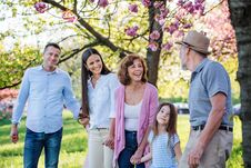 Three Generation Family On A Walk Outside In Spring Nature. Royalty Free Stock Images